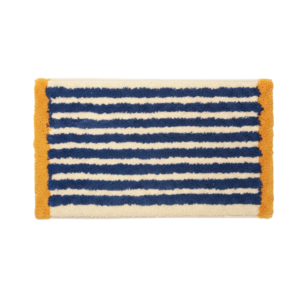 HOMELIVY navy blue and cream striped rectangular bath mat with textured mustard yellow trim