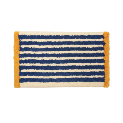 HOMELIVY navy blue and cream striped rectangular bath mat with textured mustard yellow trim