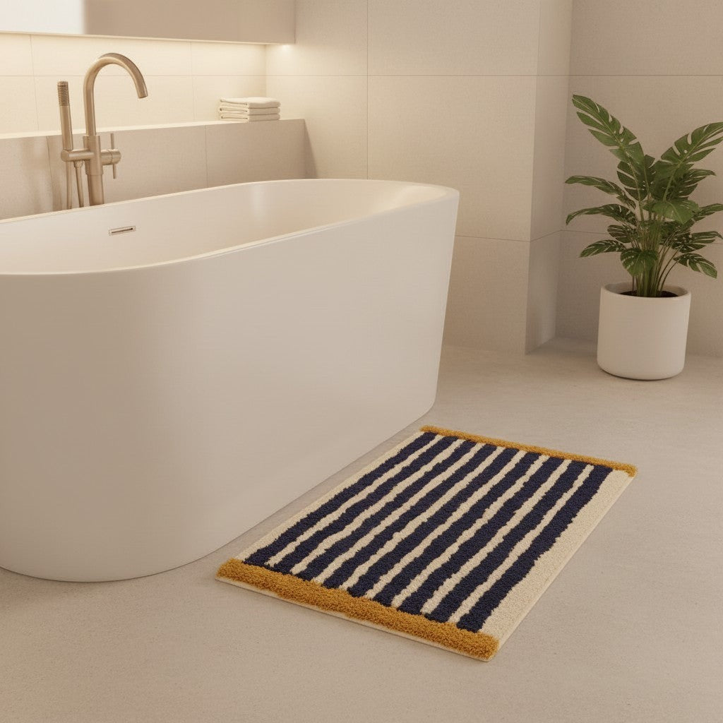 HOMELIVY navy blue and cream striped bath mat with mustard yellow accents on a modern bathroom floor