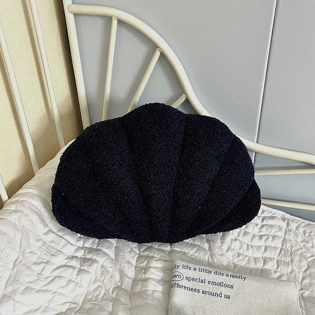 HOMELIVY navy blue bouclé shell-shaped throw pillow, 35 x 25 cm, coastal decor accent.