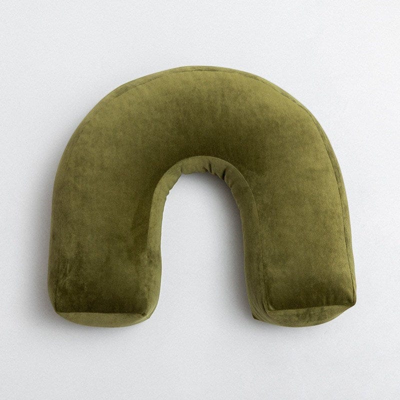 HOMELIVY muted olive green velvet arch cushion with a soft suede-like finish.