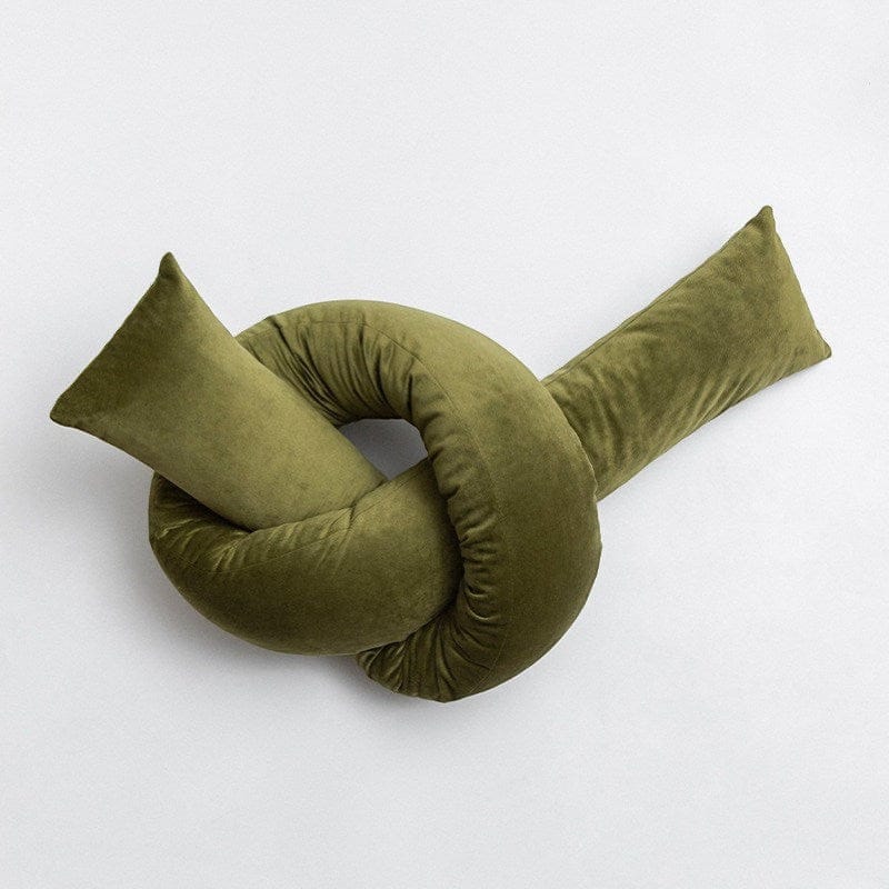 HOMELIVY muted olive green velvet knot bolster cushion. Soft suede-like texture.