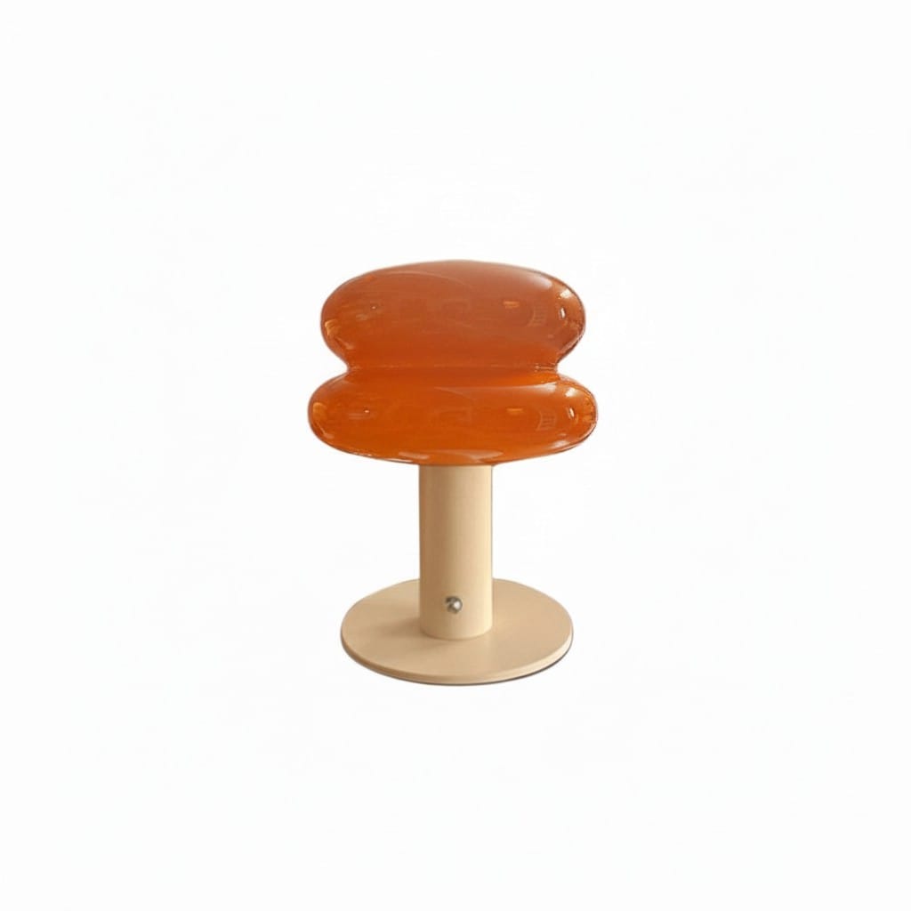 HOMELIVY orange glass mushroom-shaped bedside lamp with cream base, rechargeable and portable for bedroom atmosphere.