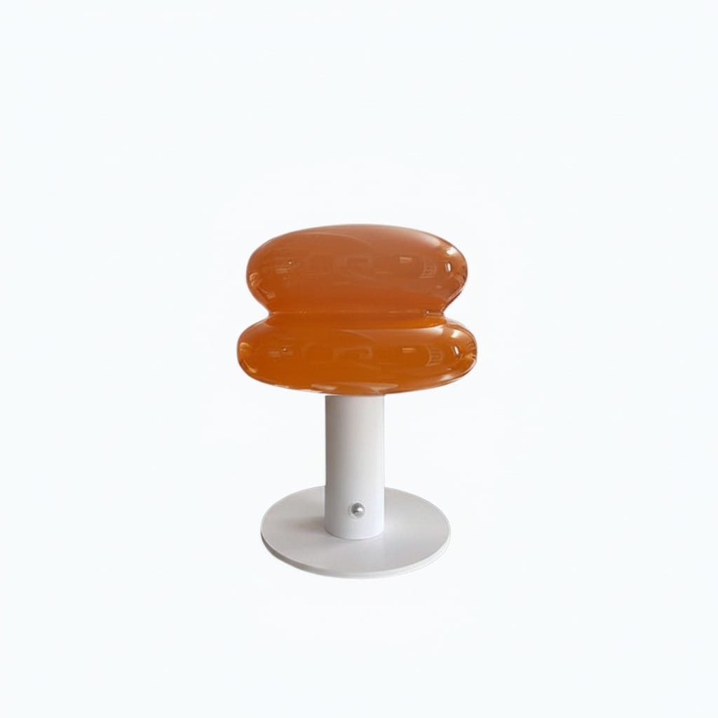 HOMELIVY orange glass mushroom-shaped bedside lamp with white base and stem, rechargeable and portable.