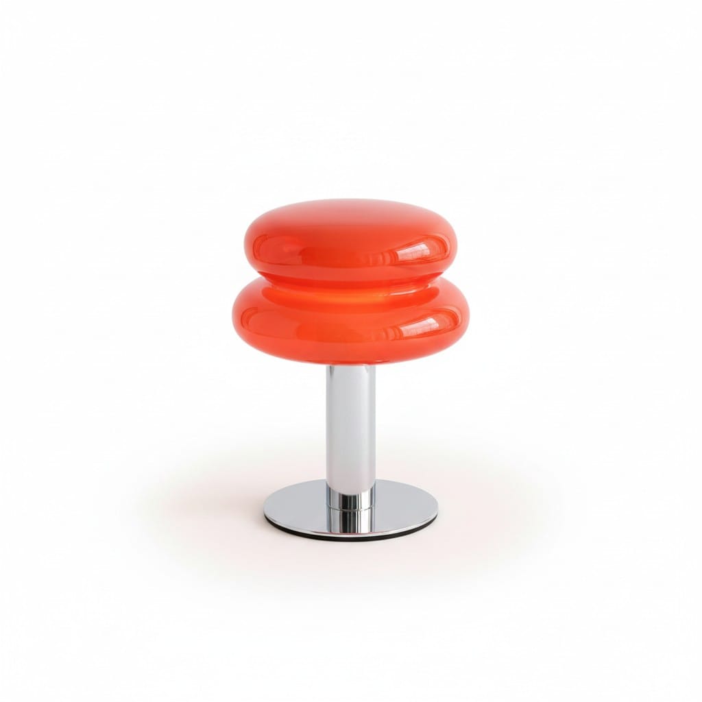 HOMELIVY orange glass mushroom table lamp with chrome base. Rechargeable, portable bedside light.