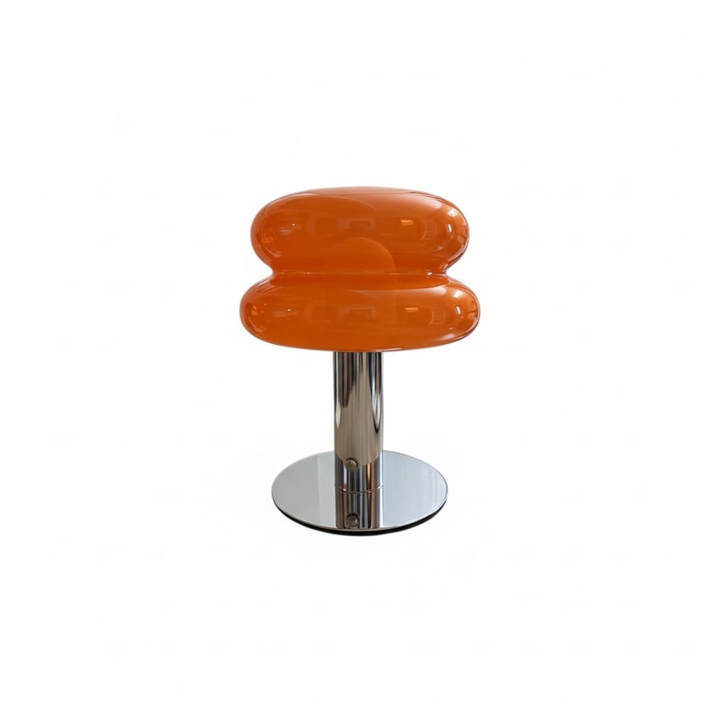 HOMELIVY orange glass bedside lamp with chrome base, rechargeable, portable, creates ambient mood lighting.