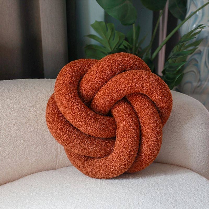 HOMELIVY orange boucle knot cushion pillow, 35cm diameter, adds texture to sofas and beds.