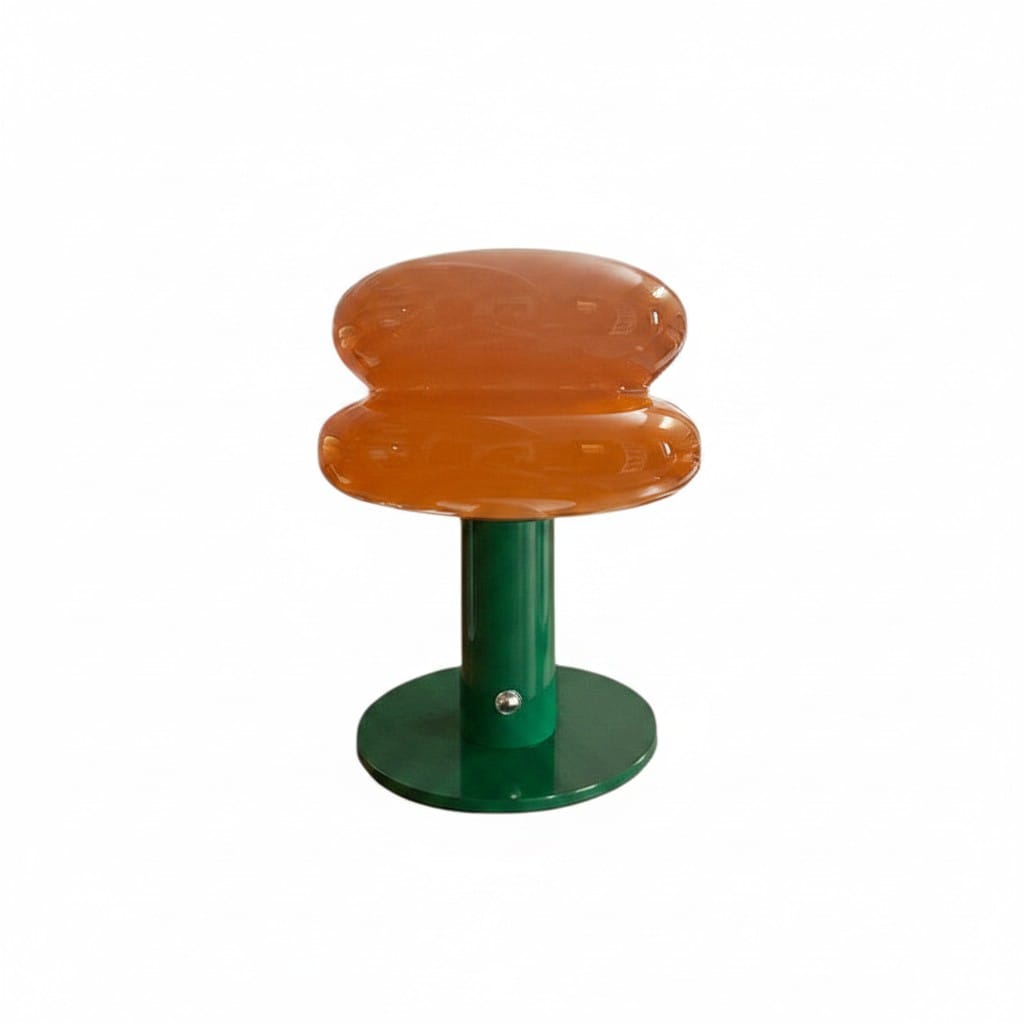 HOMELIVY orange glass mushroom-shaped bedside lamp with green metal base, 21cm tall.
