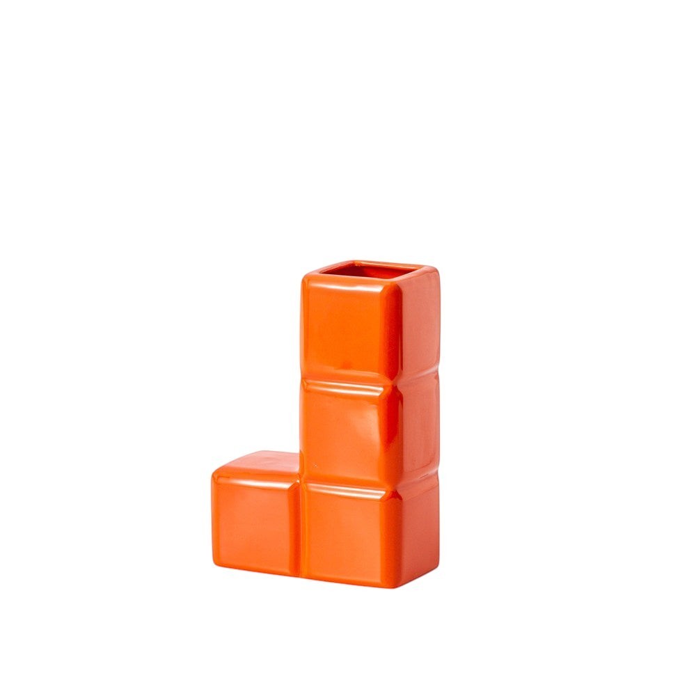 HOMELIVY orange ceramic Tetris-shaped decorative vase with a glossy finish for home decor or desk organization.