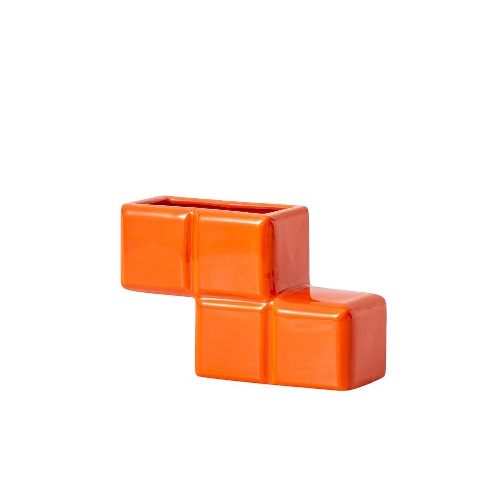 HOMELIVY orange ceramic Tetris-inspired decorative vase with a glossy finish for home or desk decor.