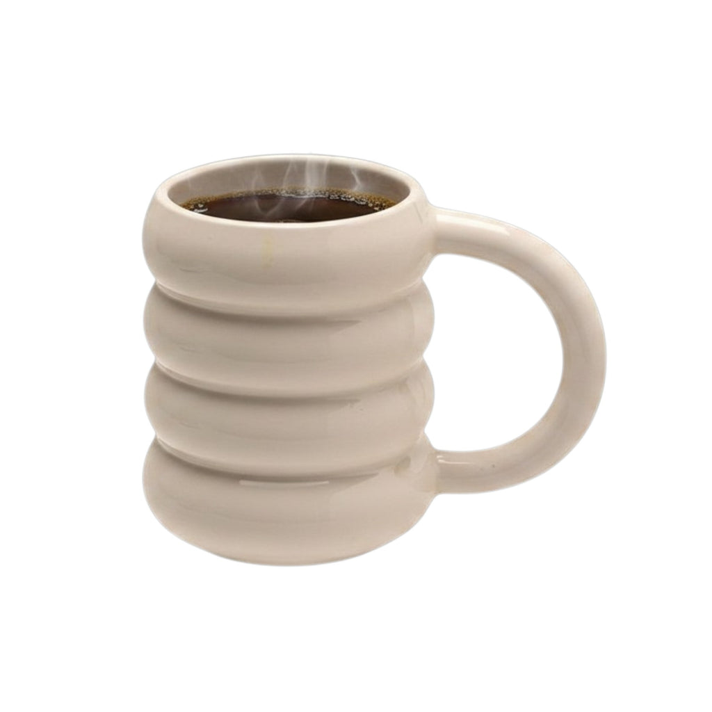HOMELIVY pastel doughnut mug with a ribbed ceramic design held by a hand, showing dimensions and capacity details.