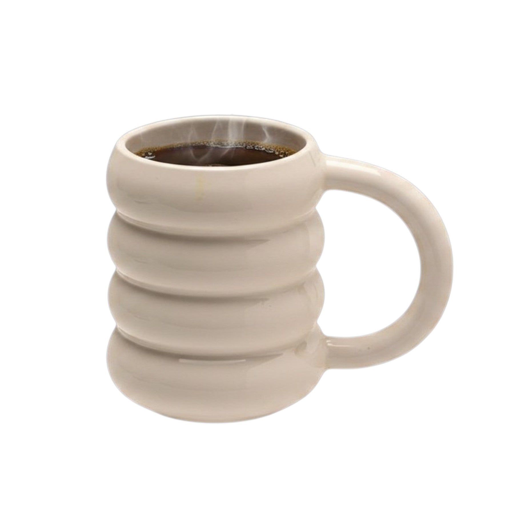 HOMELIVY pastel doughnut mug with a ribbed ceramic design held by a hand, showing dimensions and capacity details.