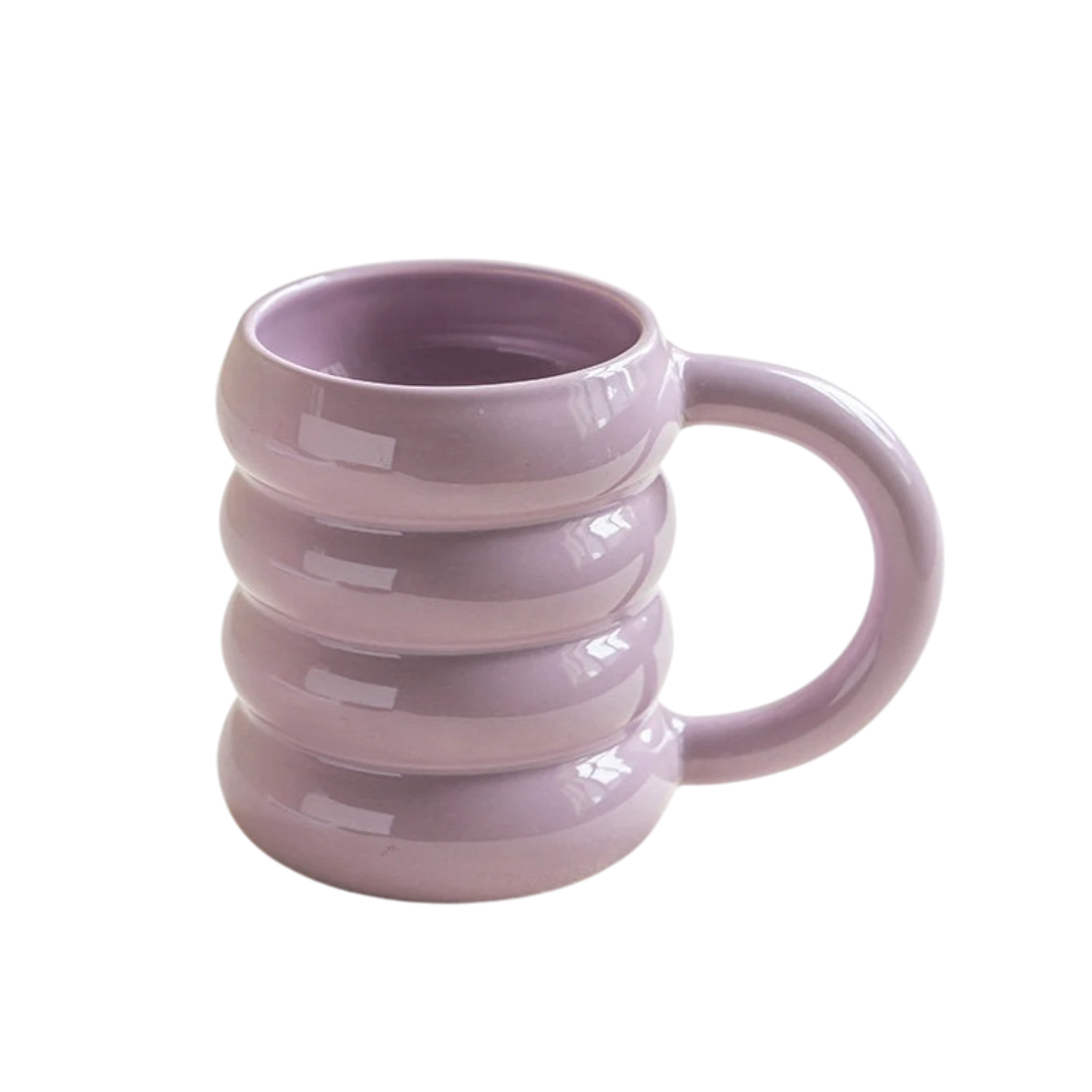 HOMELIVY pastel purple ceramic doughnut mug with a unique ribbed, stacked ring design and a large rounded handle.