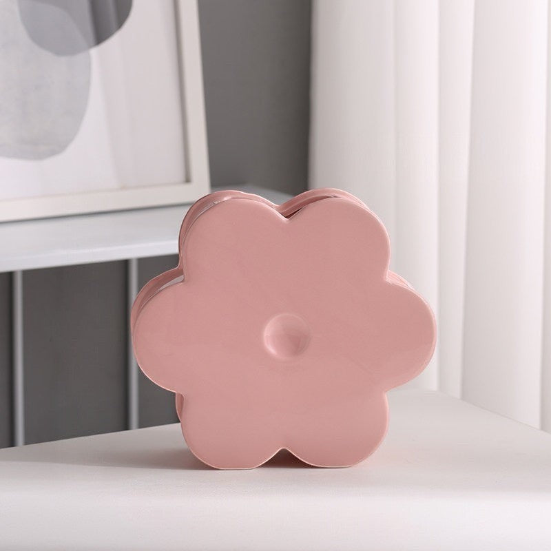 HOMELIVY pink ceramic flower shaped vase on a white table for home decor