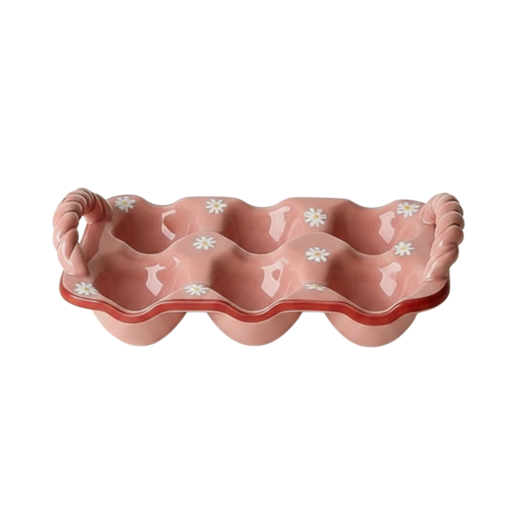 HOMELIVY pink ceramic egg crate with white daisy patterns and twisted side handles for kitchen storage