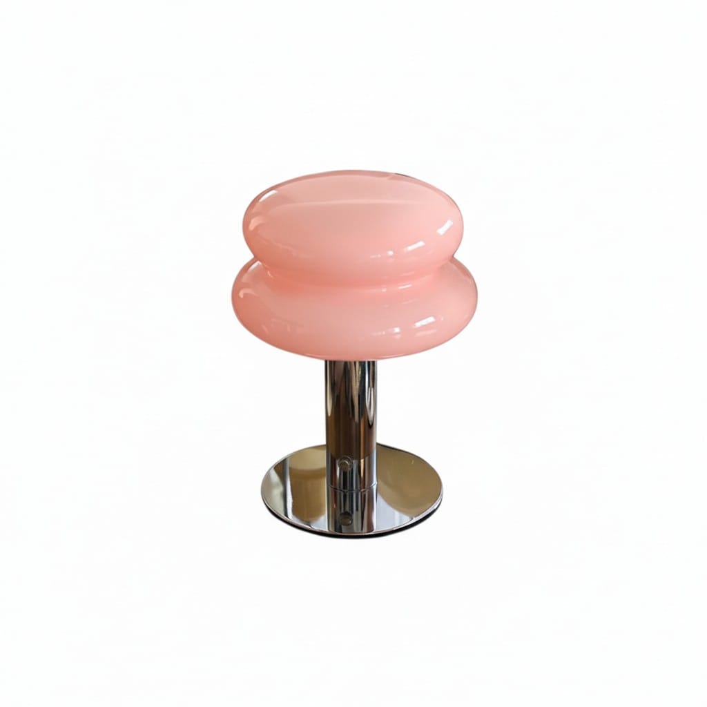 HOMELIVY pink glass mushroom-shaped bedside lamp with chrome base, rechargeable and portable.