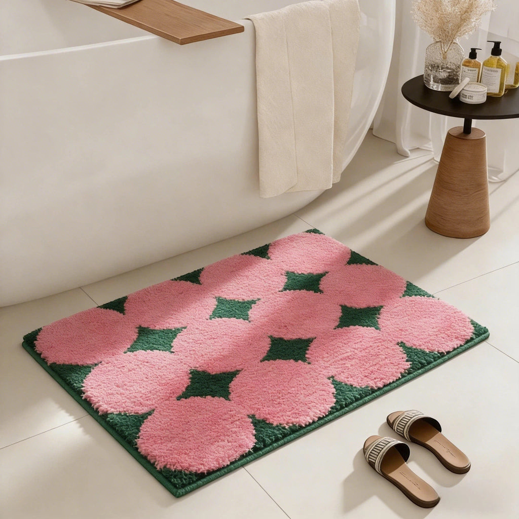 Pink and green retro circles tufted bath mat rug