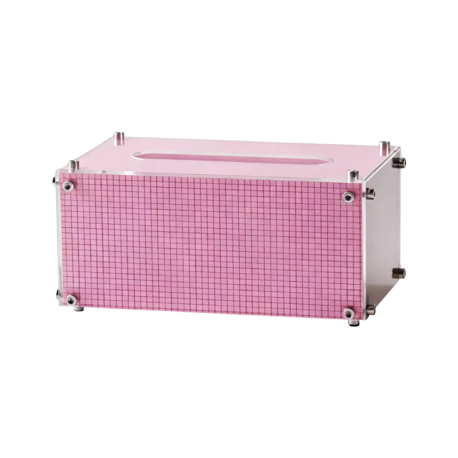 HOMELIVY pink acrylic tissue box with a modern grid pattern and industrial metal screw accents