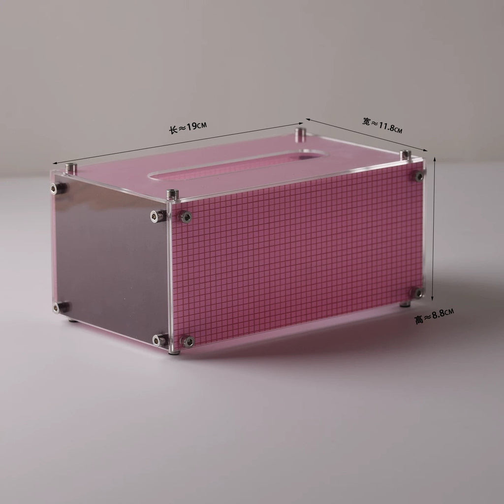 HOMELIVY pink acrylic tissue box with a grid pattern and silver metal hardware details