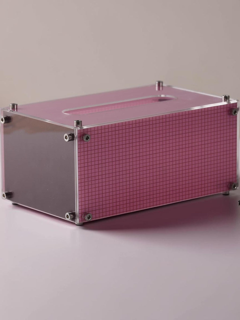 HOMELIVY pink acrylic tissue box with a modern grid pattern and silver metal hardware accents