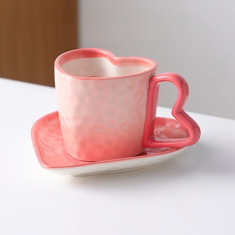 Light Pink Heart Shaped Coffee Mug & Saucer Set, Valentines gift mug set