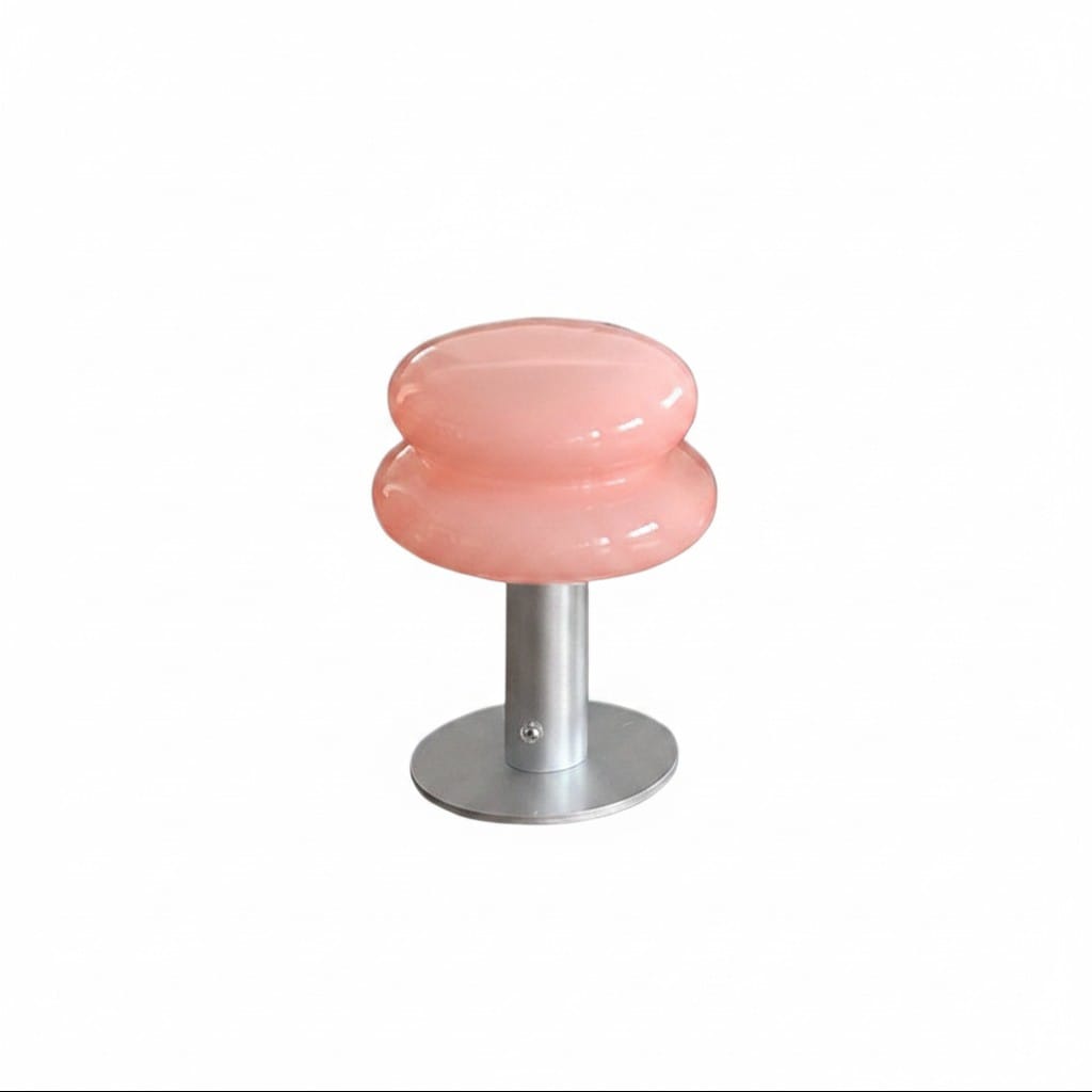 HOMELIVY pink mushroom-shaped bedside lamp with a silver base, rechargeable and portable for bedroom ambiance.