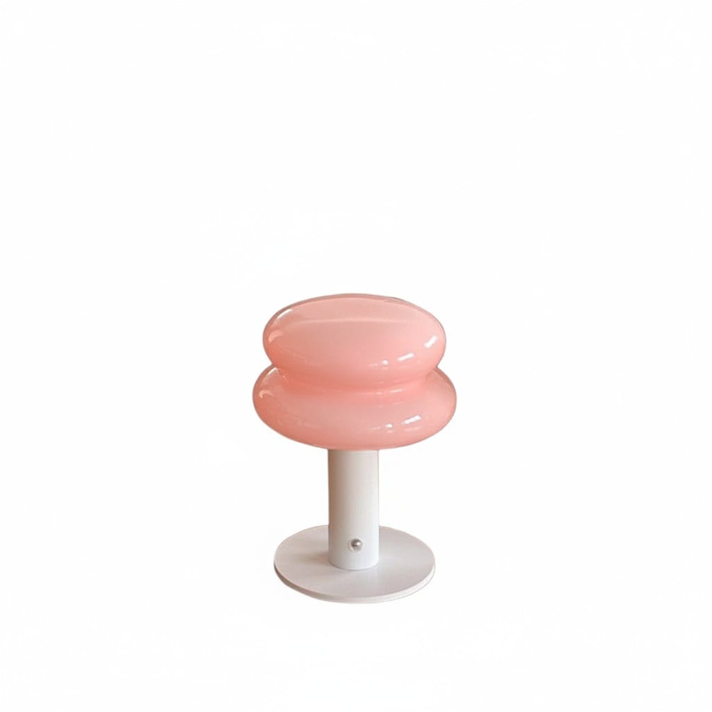 HOMELIVY pink mushroom-shaped bedside lamp with a white base and stem, rechargeable and portable.