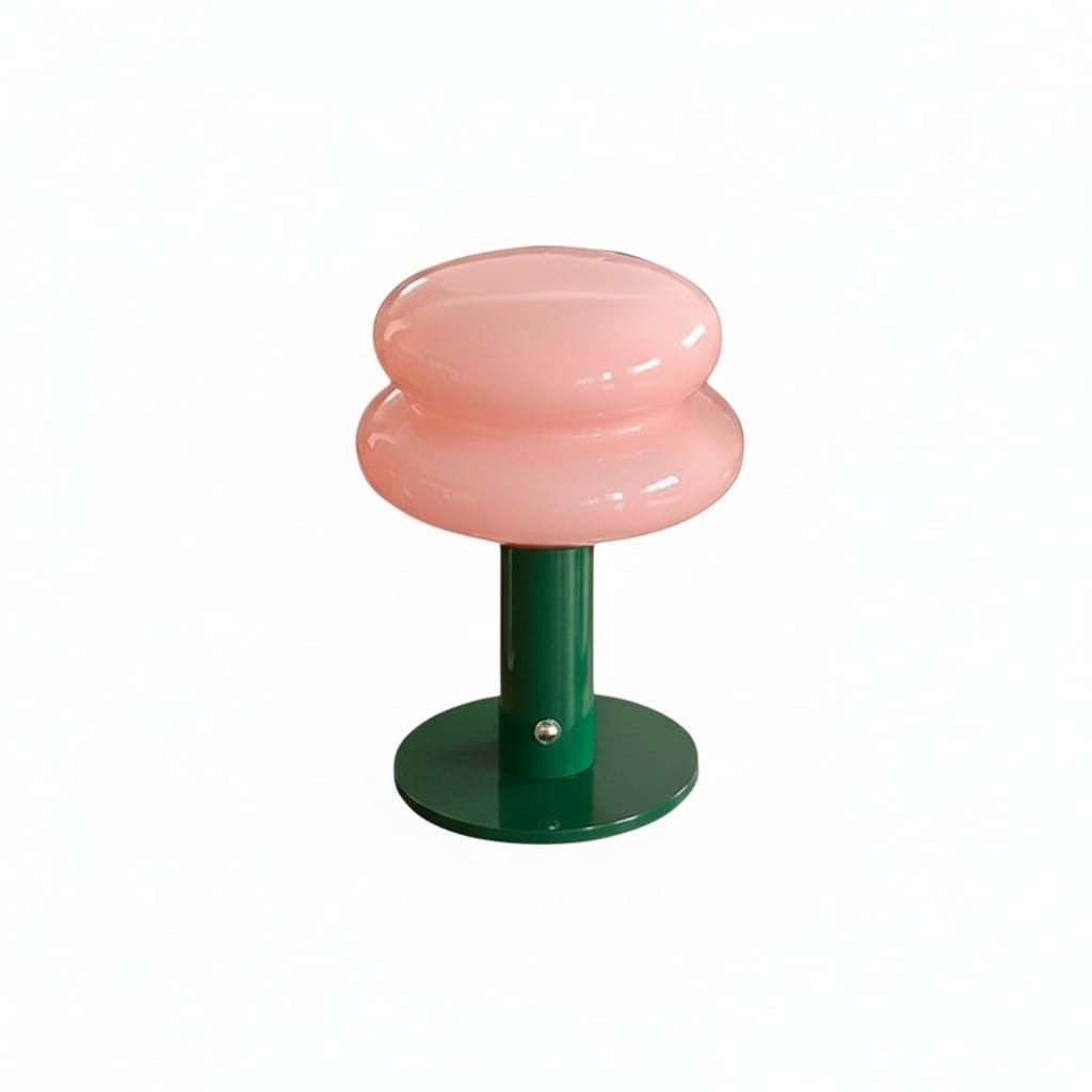 HOMELIVY pink glass mushroom-shaped bedside lamp with a green metal base and stem, rechargeable and portable.