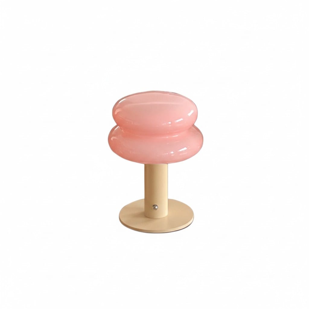 HOMELIVY pink glass mushroom-shaped bedside lamp with cream base, 21cm tall.