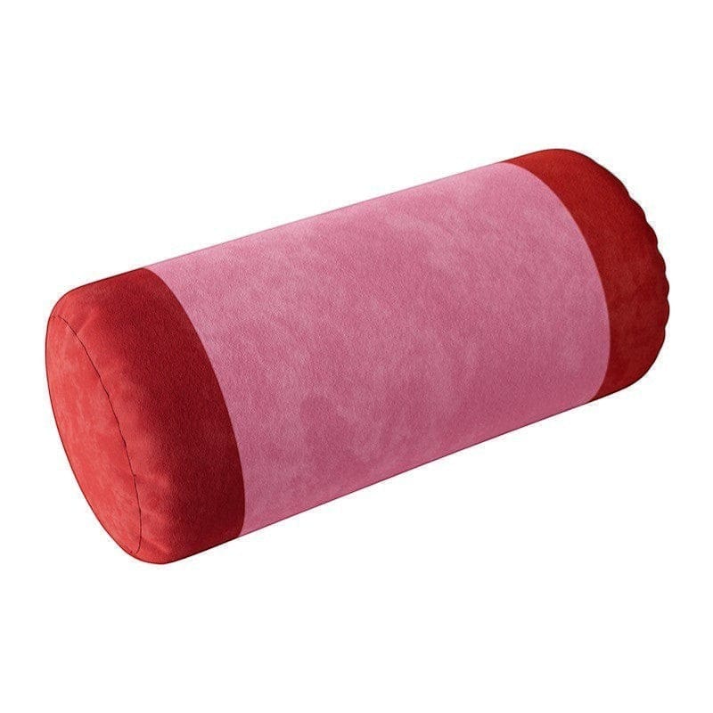 Velvet retro striped bolster pillow with soft pink center and red suede-like ends in a plush cylindrical shape
