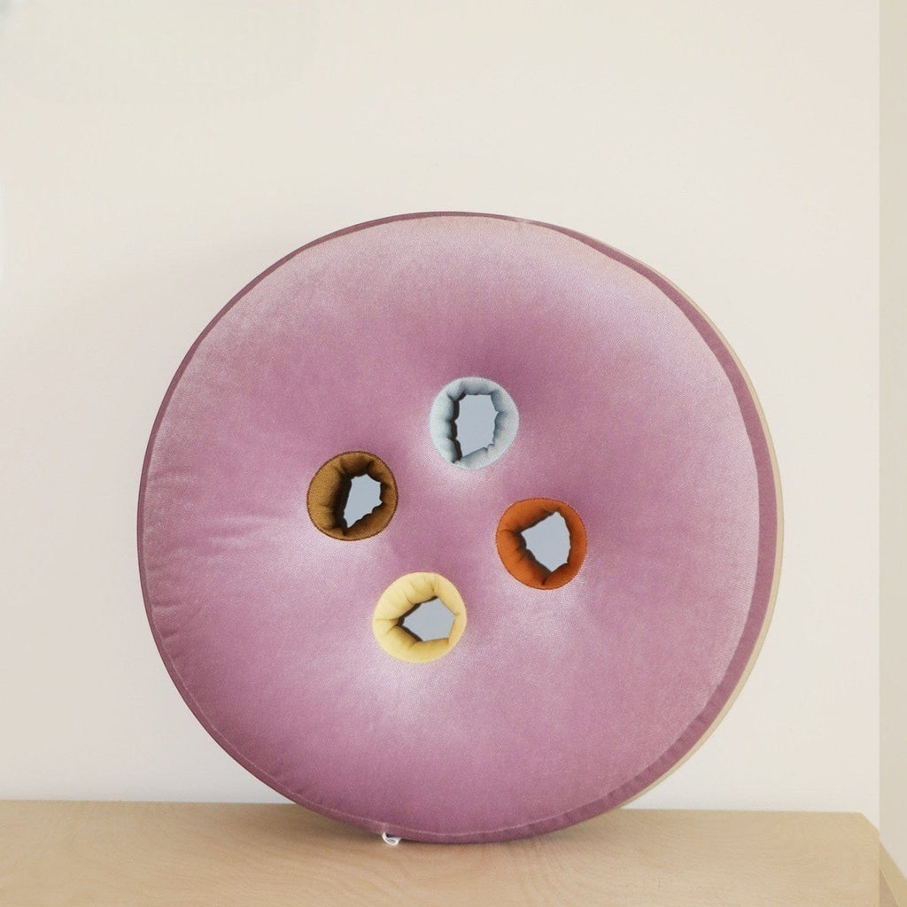 HOMELIVY round velvet seat cushion in lilac with four colorful button inserts: brown, yellow, orange, and light blue.