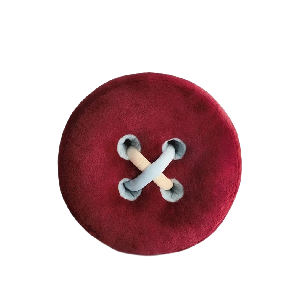 HOMELIVY plush button cushion in deep red with light blue and beige stitching detail.