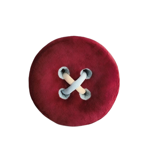 HOMELIVY plush button cushion in deep red with light blue and beige stitching detail.