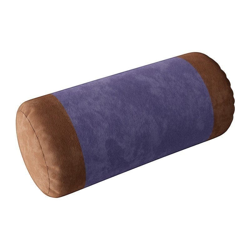 Velvet retro striped bolster pillow in purple and brown suede with a cylindrical shape for decorative use