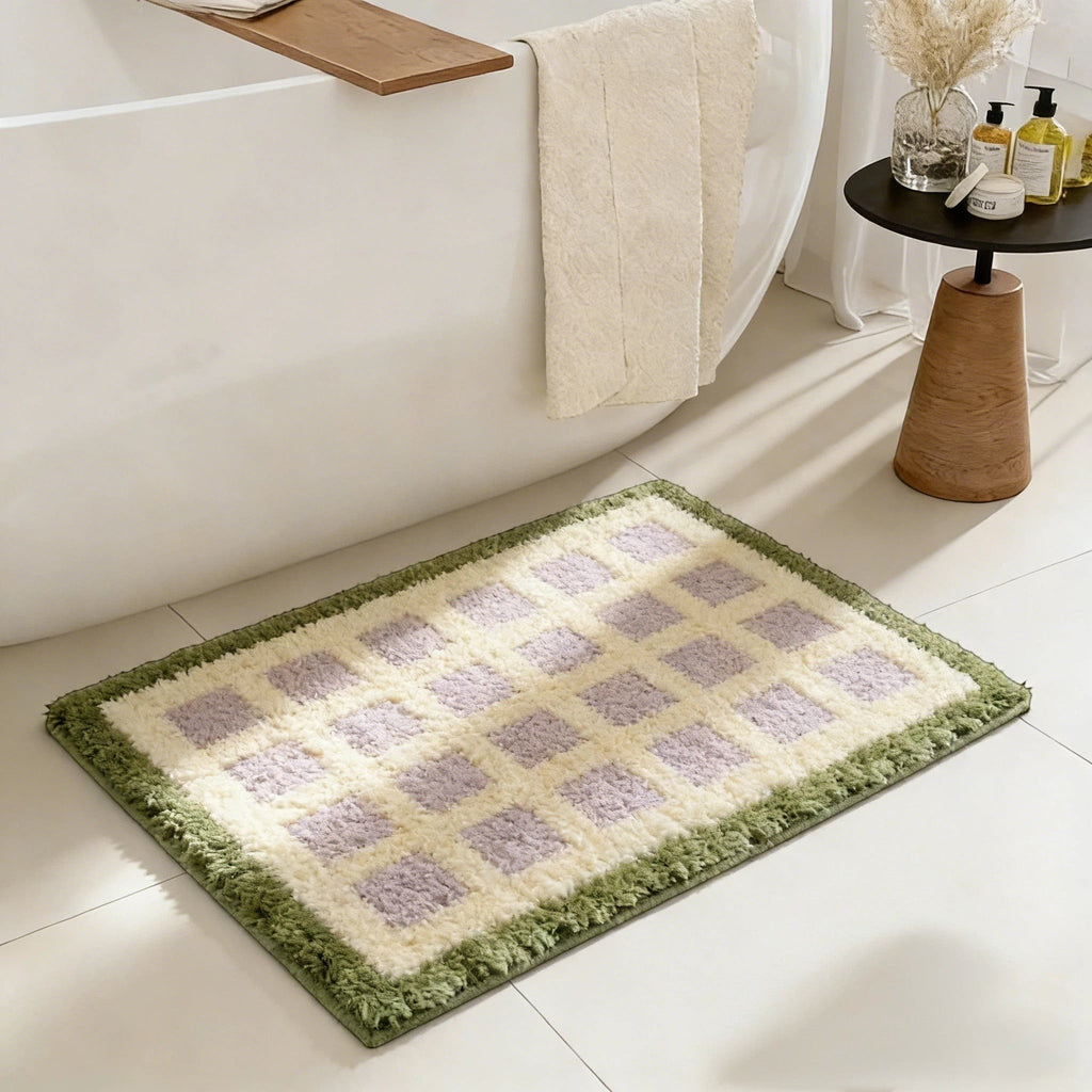 Pastel purple checkered bath mat rug