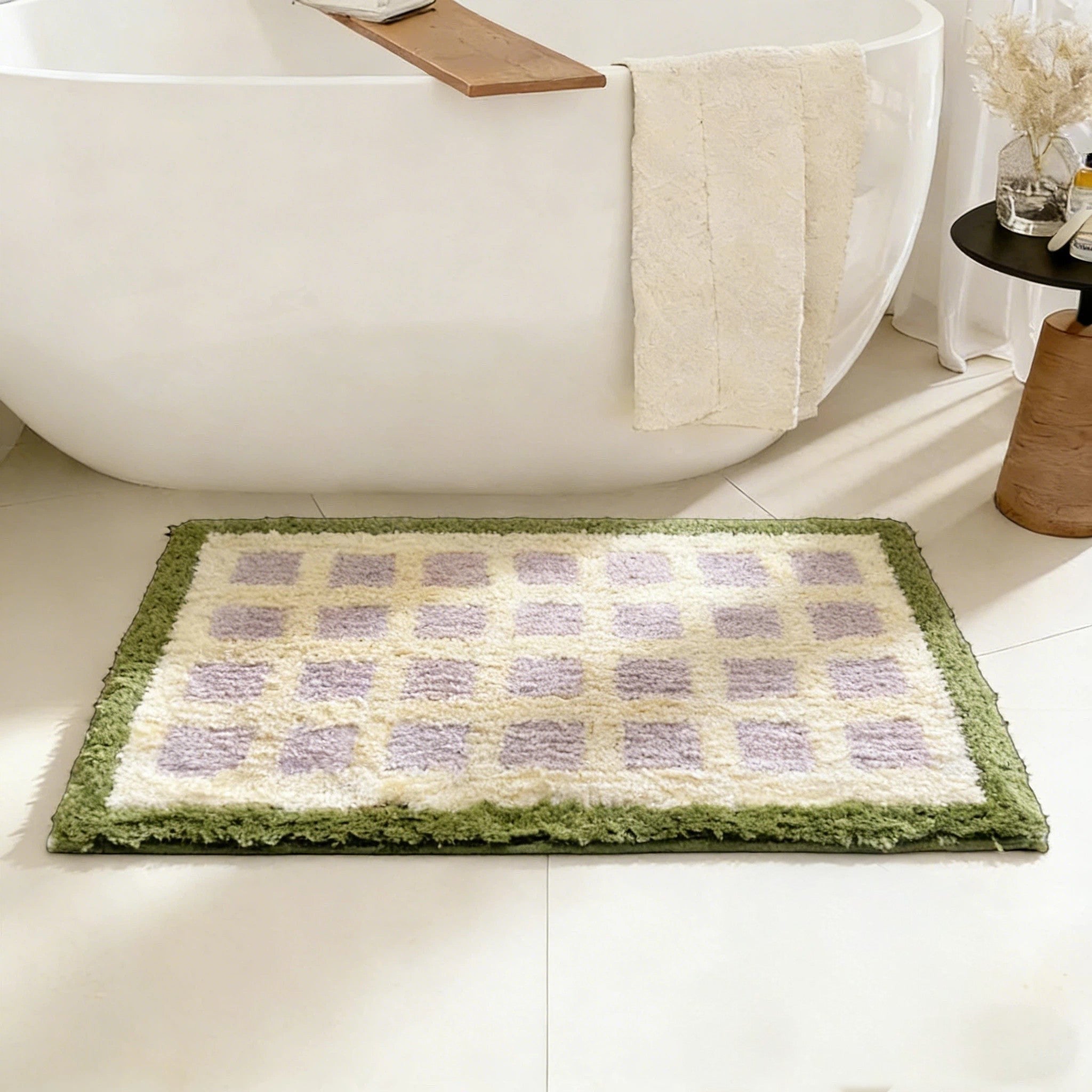 Pastel purple checkered bath mat rug