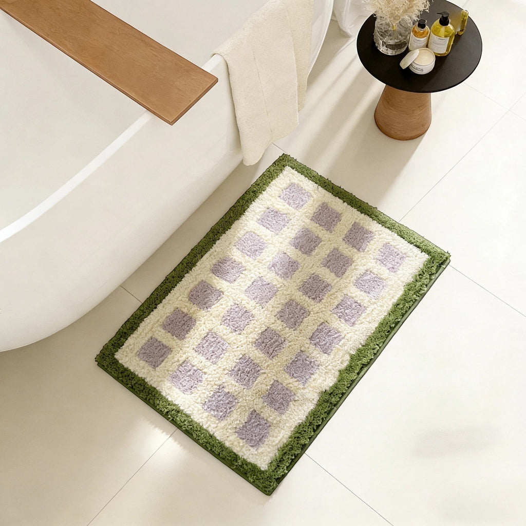 Pastel purple checkered bath mat rug