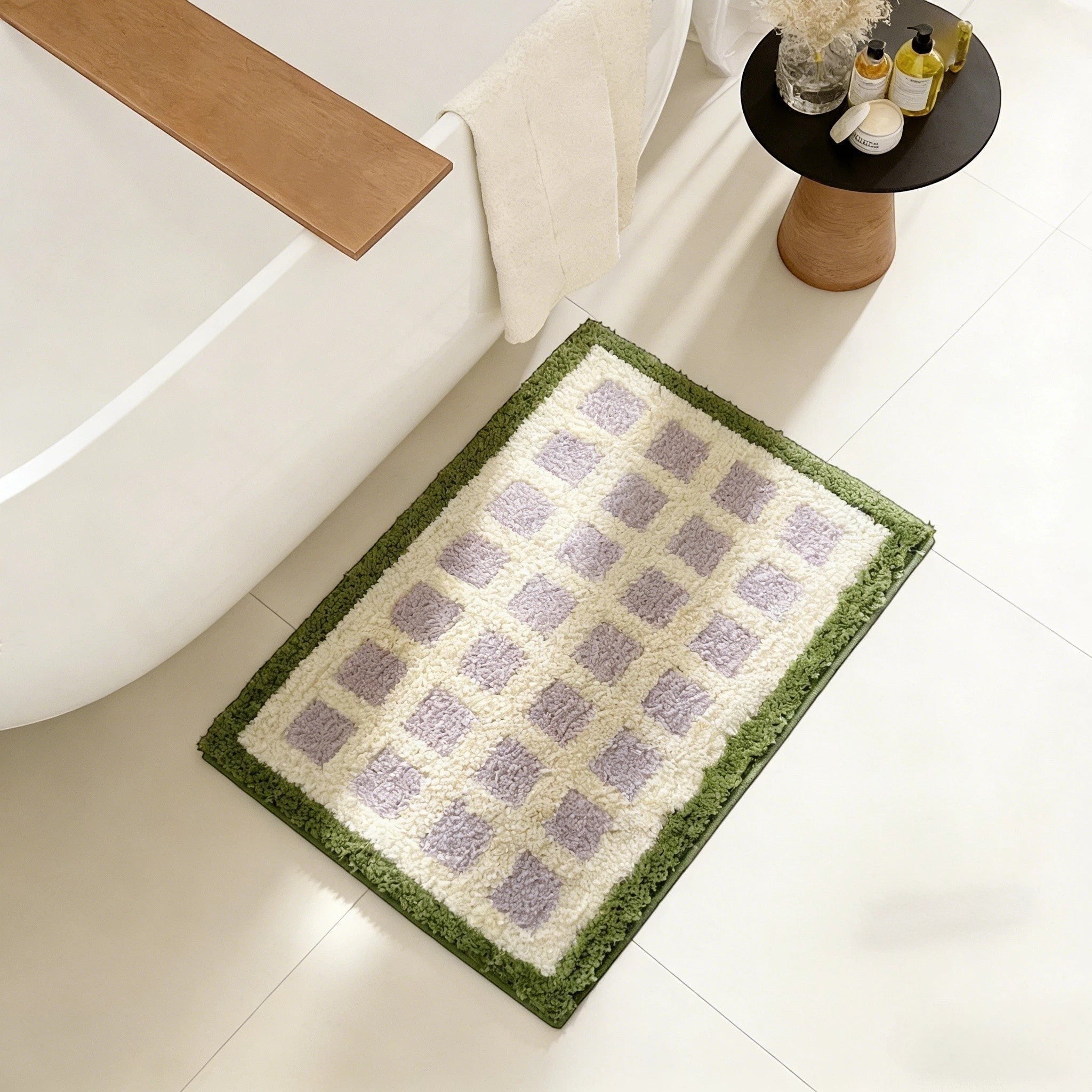 Pastel purple checkered bath mat rug