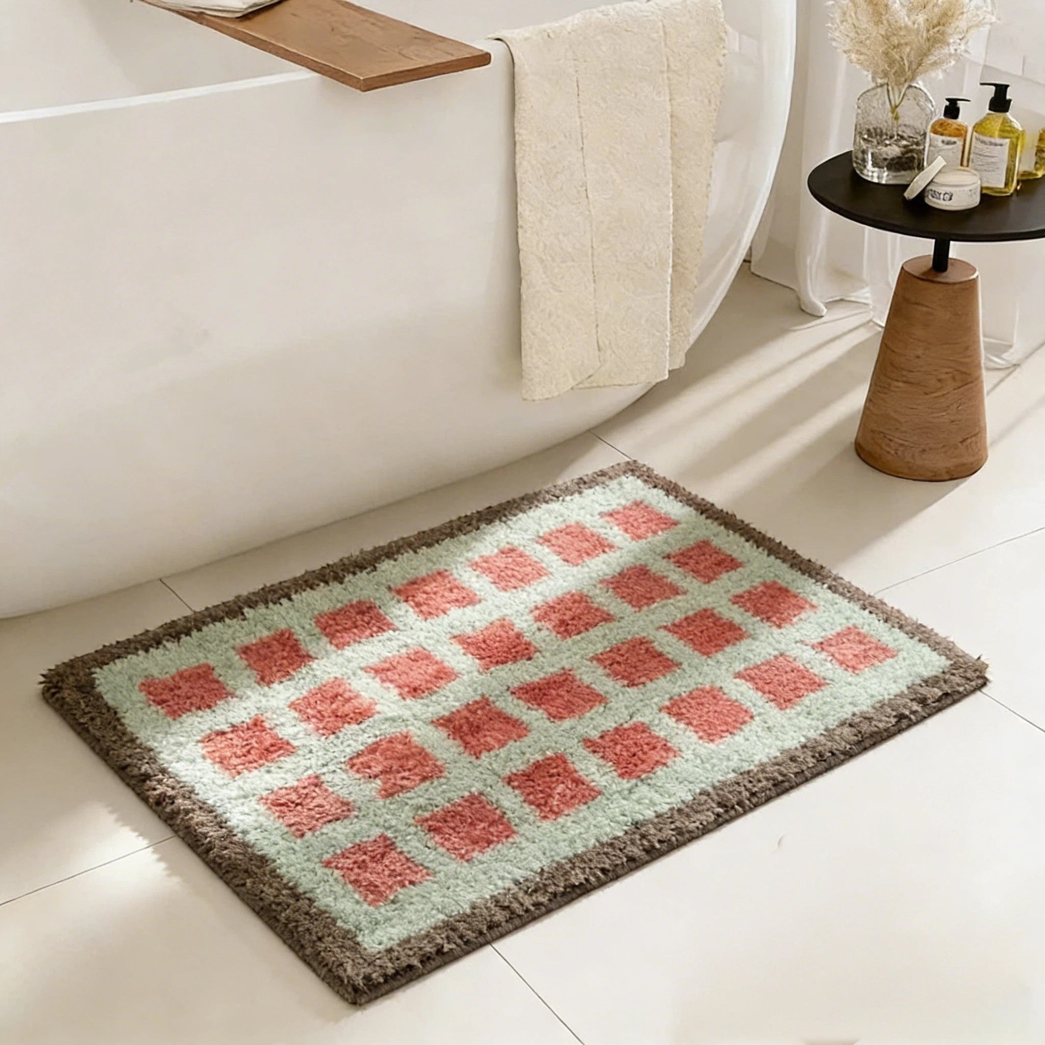 HOMELIVY purple and mint green checkered bath mat with a soft shaggy texture on a tiled bathroom floor.