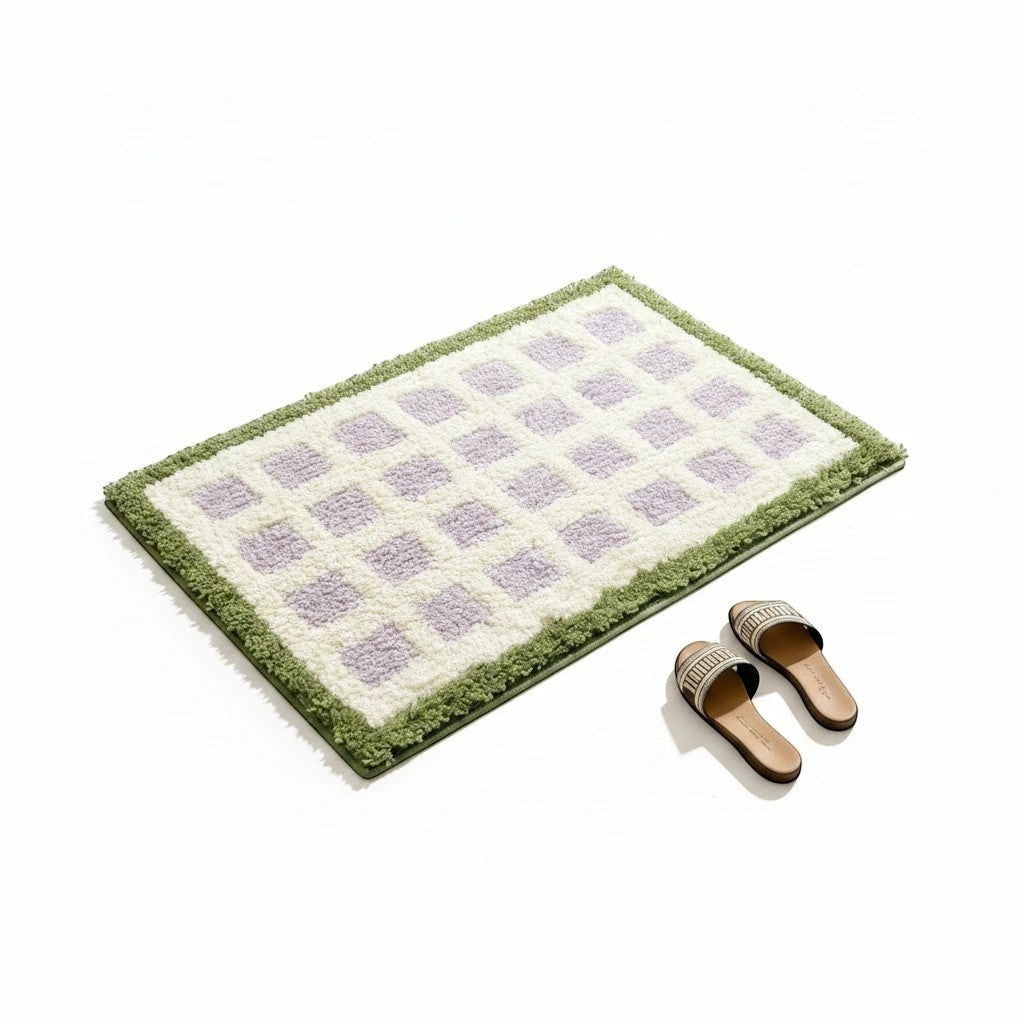 HOMELIVY purple and white checkered bath mat with a textured green border next to a pair of slide sandals.