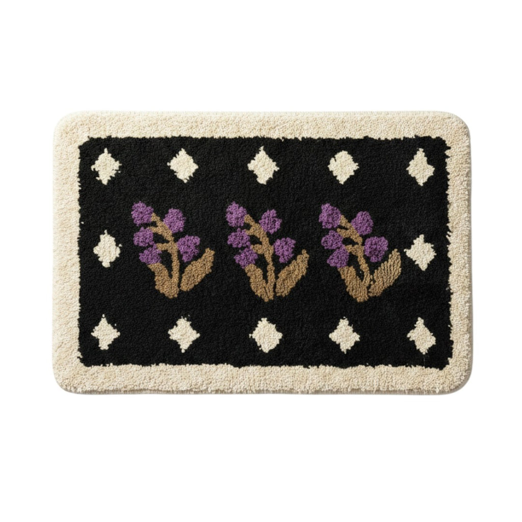 HOMELIVY purple floral bath mat with cream trim and diamond pattern on black background
