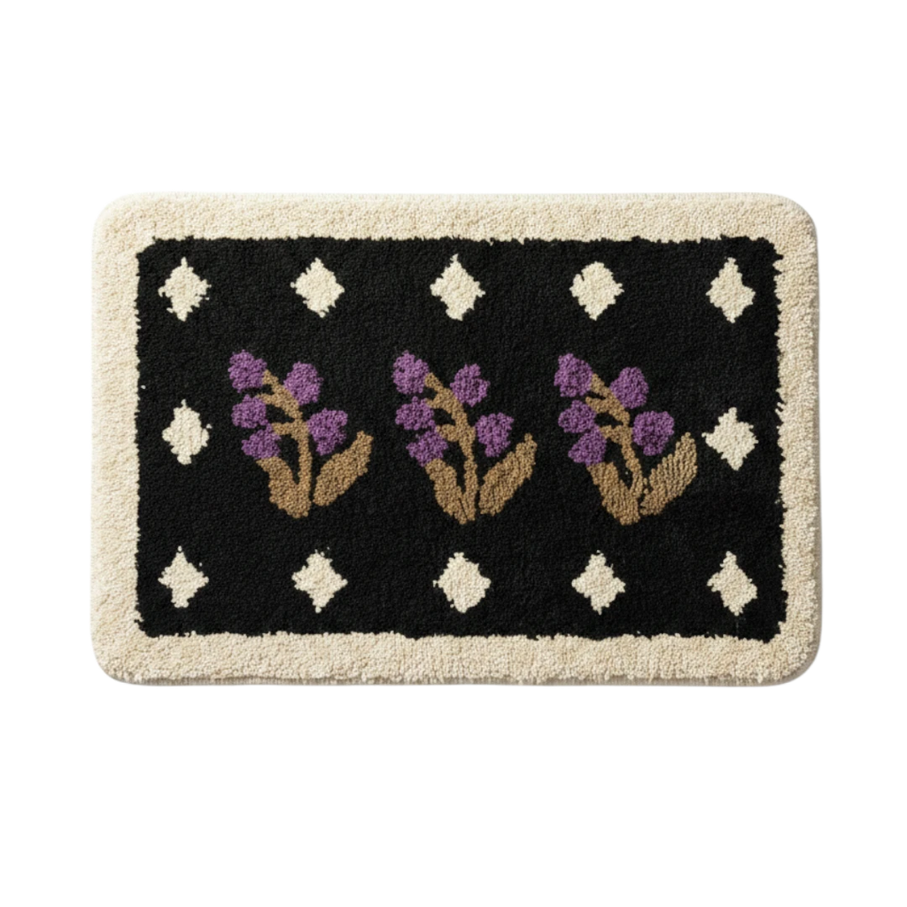 HOMELIVY black bath mat with purple floral design and cream border. Vintage style, plush texture.