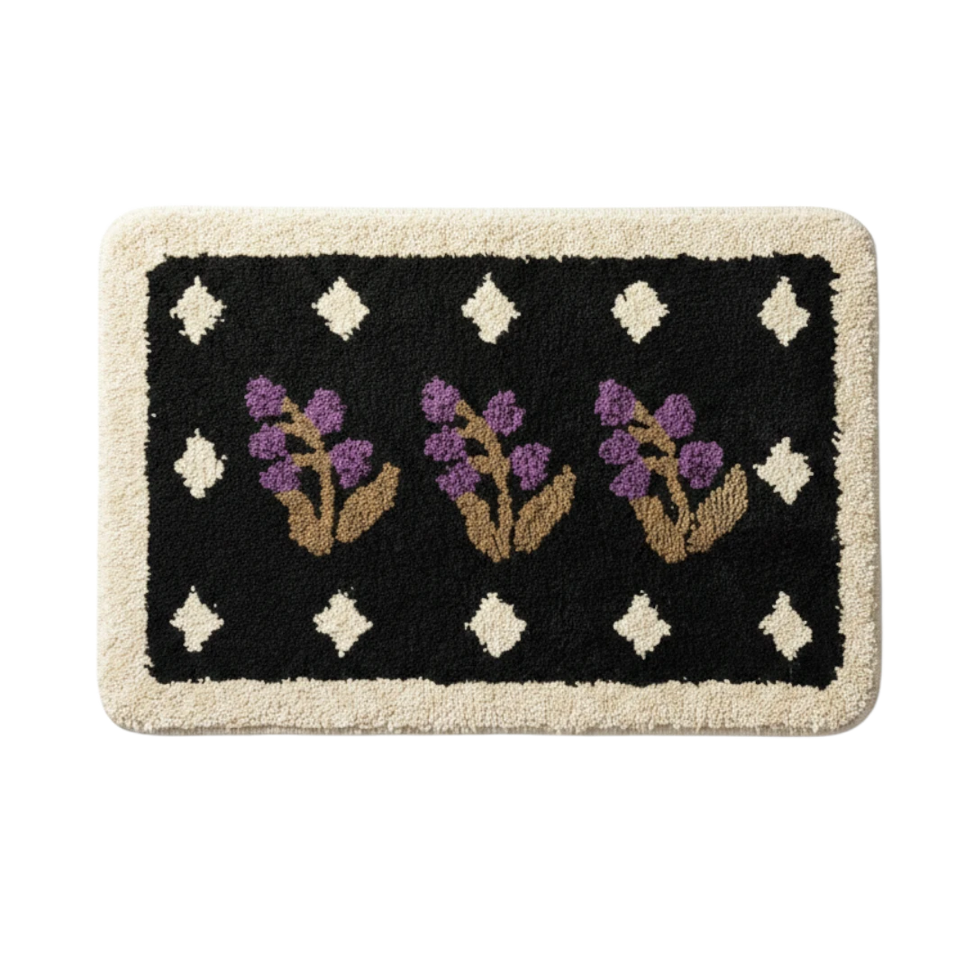 HOMELIVY black bath mat with purple floral design and cream border. Vintage style, plush texture.