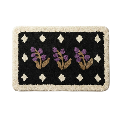HOMELIVY black bath mat with purple floral design and cream border. Vintage style, plush texture.