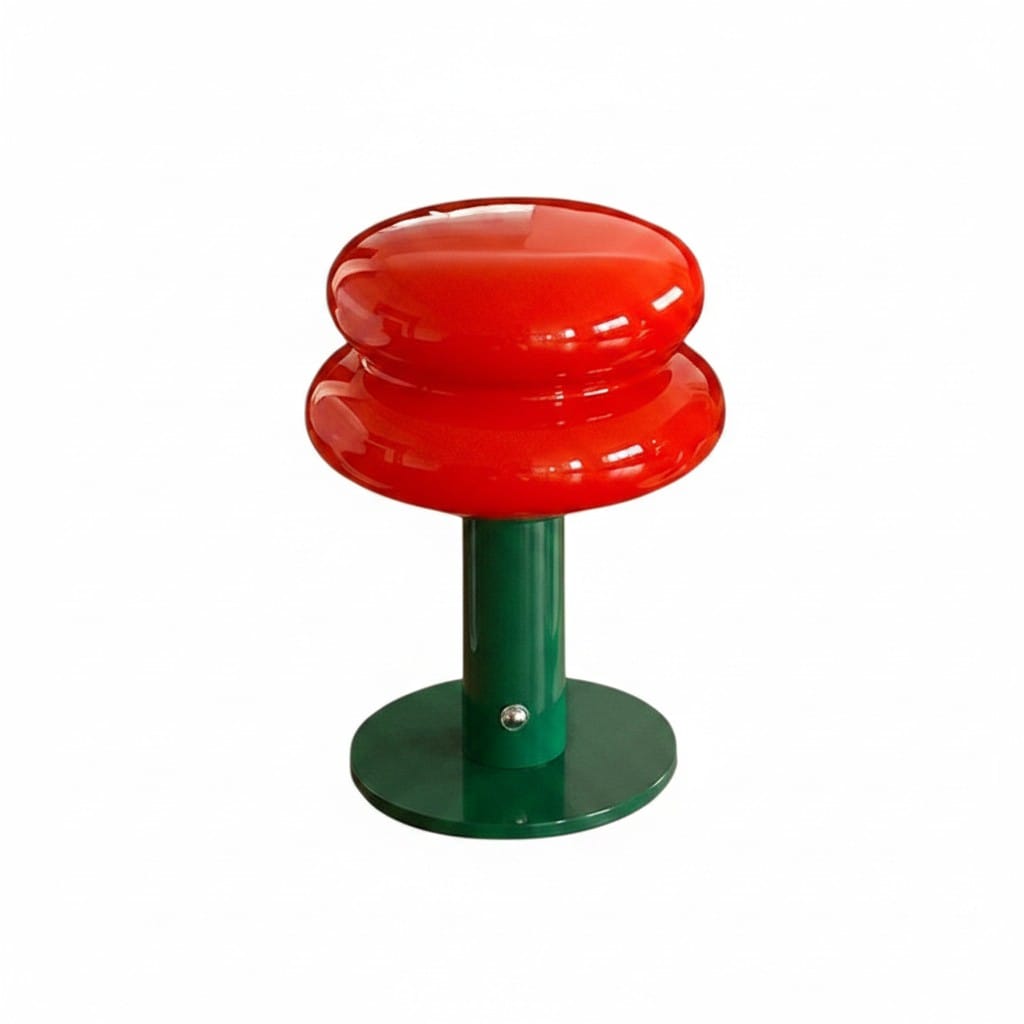 HOMELIVY red glass mushroom-shaped bedside lamp with green metal base, 21cm tall.