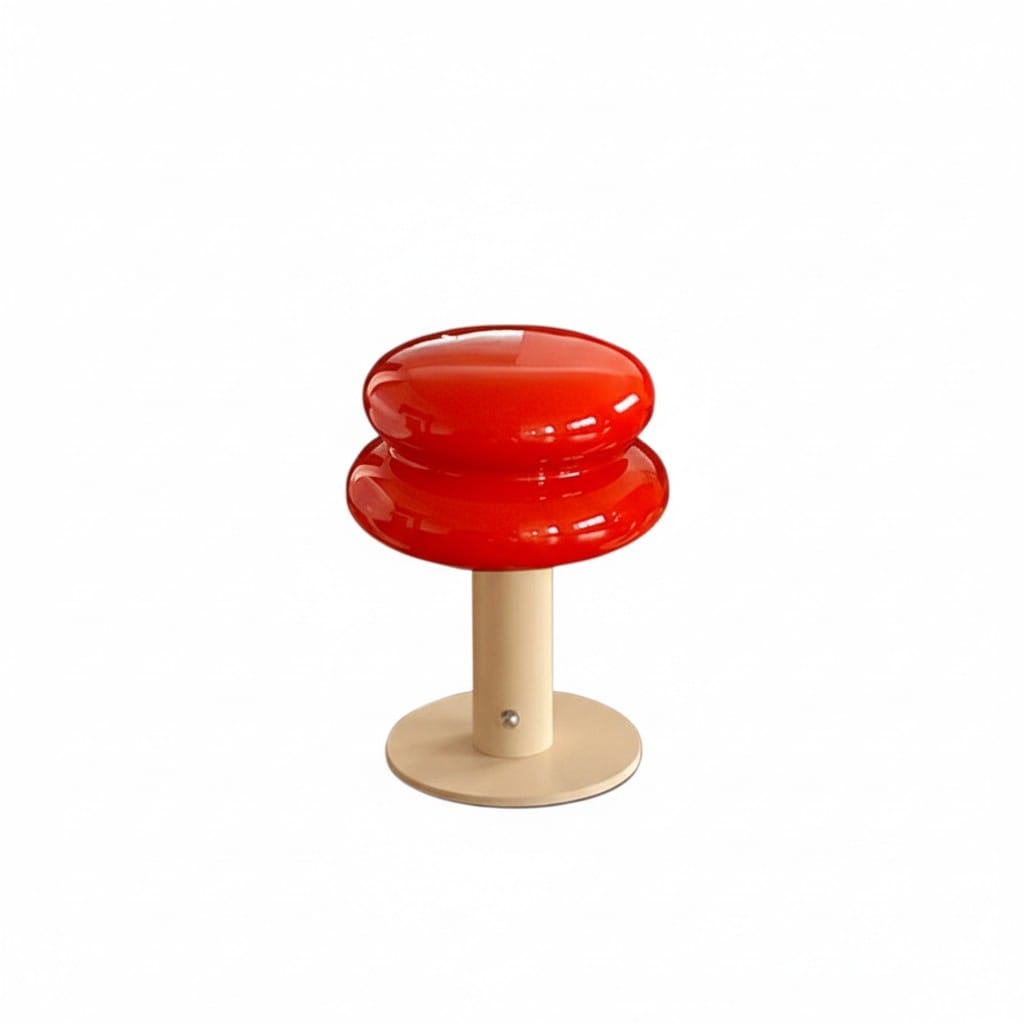 HOMELIVY red mushroom-shaped bedside lamp with a cream base and stem, 21cm tall, 15cm wide.