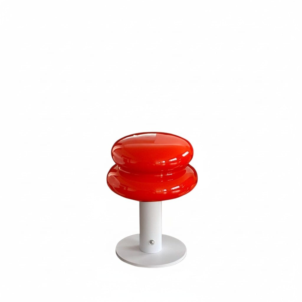 HOMELIVY red mushroom-shaped bedside lamp with a white base and stem, rechargeable and portable.
