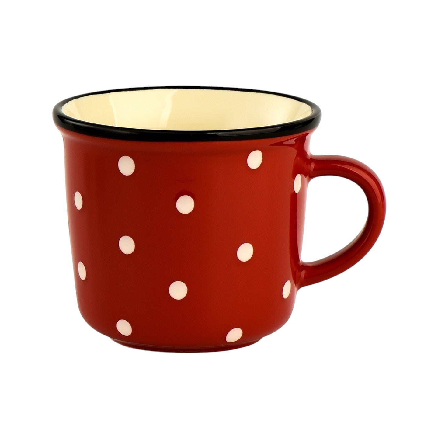 HOMELIVY retro ceramic coffee mug in red with white polka dots and a black contrast rim on a white background.