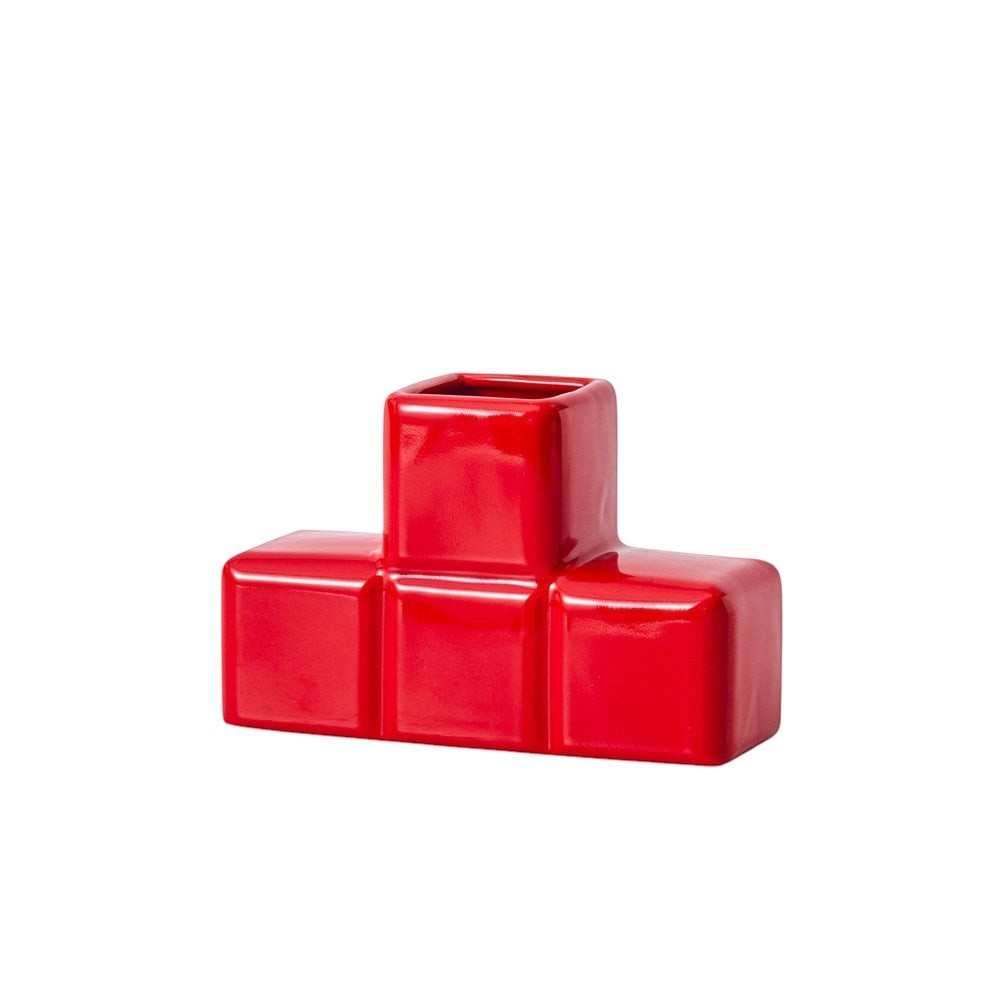 HOMELIVY red ceramic Tetris-shaped decorative vase with a glossy finish for modern home decor or desk organization.