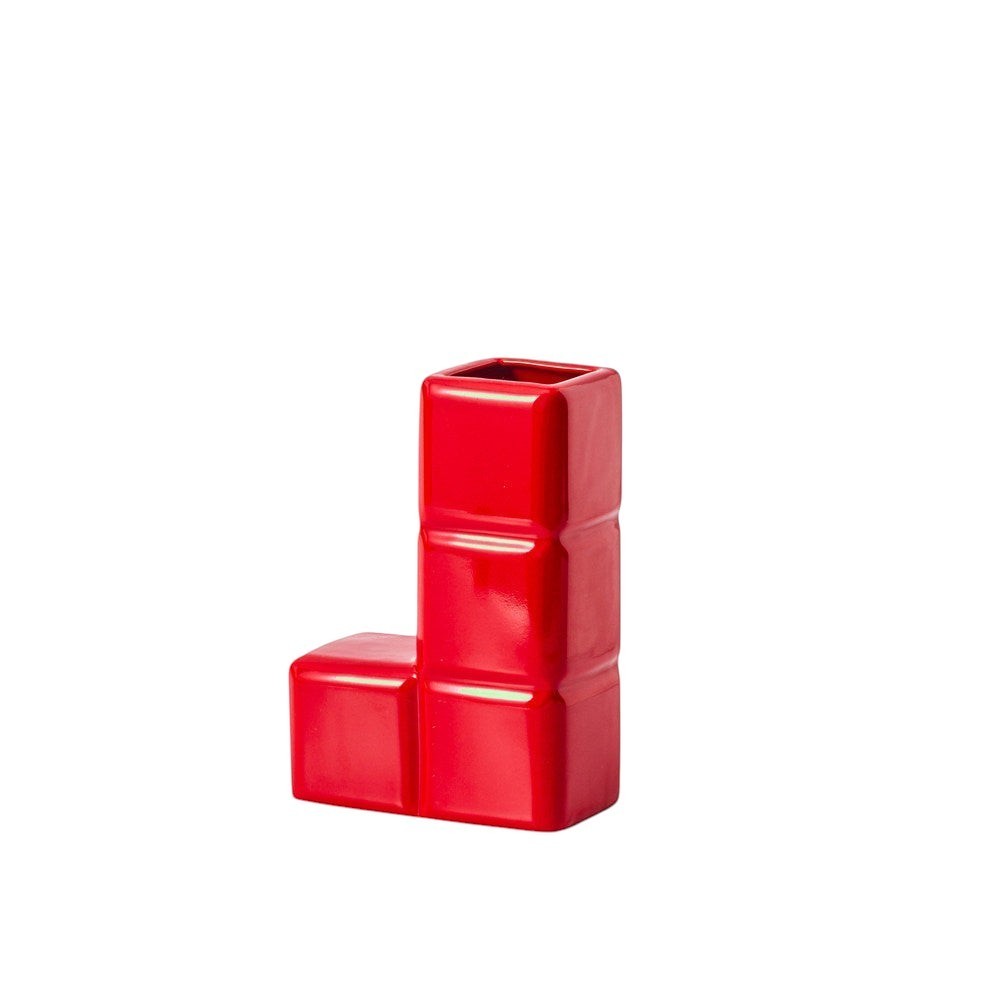 HOMELIVY red ceramic Tetris-inspired block vase with a glossy finish for modern home decor or desk organization.
